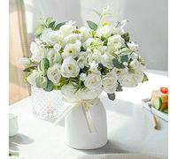 LESING Rosas Artificiales de Seda con florero, Flores Falsas, Ramos de Flores de Boda, arreglo para el hogar, Oficina, Fiesta, Centro de Mesa (Blanco)