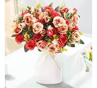 LESING Rosas de Seda Artificiales con florero, Flores Falsas, Ramos de Flores de Boda, arreglo para el hogar, Oficina, Fiesta, Centro de Mesa (Rojo)