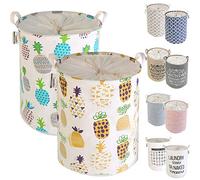 LessMo 2 Piezas de 17.7" Lazo de la Cesta de lavadero de Almacenamiento Clasificador, Plegable Pop-Up de lavandería Cestas, Impermeable Redondo de algodón de Lino (Piña Espesada 17,7" / Medio)