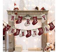 LessMo Banner de Feliz Navidad, Diseño de Calcetín de Arpillera a Cuadros, Banderines Navideños, Decoración para Arbol de Pared de Chimenea, Ideal para Decoración Navideña