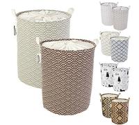 LessMo Cestas de Lavandería con Cordón, Cestas de Lavandería Desplegables y Plegables, Lino de Algodón Redondo Impermeable, [2 Piezas, Espesado 17,7 "/ Mediano]