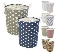 LessMo Cestas de Lavandería con Cordón, Cestas de Lavandería Desplegables y Plegables, Lino de Algodón Redondo Impermeable, [2 Piezas, Espesado 17,7 "/ Mediano]