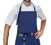 LessMo Delantal, 100% algodón de Cocina Delantal con Correa para el Cuello Ajustable, Barbacoa de Calidad Profesional Delantal, 70 x 85 cm, Azul Marino
