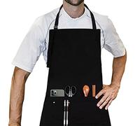 LessMo Delantal, 70 x 85 cm, 100% algodón delantal de cocina con cuello ajustable en correa, calidad profesional, delantal BBQ, negro