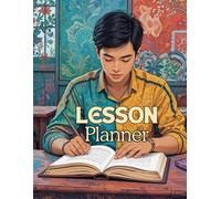 Lesson Planner: IIllustration of a multi-colored young man reading a book at a desk in a classroom, depicted in abstract designs.