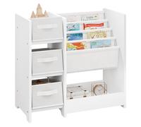 Lestarain Estantería Infantil, Organizador de Juguetes para Niños, 2 en 1 Estantería de Madera con 3 Cajas de Almacenaje, 4 Zonas Colgantes para Libros y 1 Estante, para Habitación Niños y Guardería