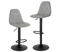 Lestarain Juego de 2 Taburetes Bar con Respaldo, Taburete Alto Cocina de Altura Ajustable Entre 60 y 81 cm, Estructura Metálica, Terciopelo, Gris Claro