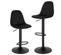 Lestarain Juego de 2 Taburetes Bar con Respaldo, Taburete Alto Cocina de Altura Ajustable Entre 60 y 81 cm, Estructura Metálica, Terciopelo, Negro