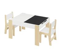Lestarain Juego de Mesa Infantil con Cajones de Almacenamiento, con 2 Sillas de Madera Pizarra para Sala de Juegos Habitación de Niños, 81,5 x 60,5 x 48 cm, Blanco y Natural