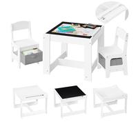 Lestarain Juego de Mesa y 2 Sillas para Niños de Madera, Muebles con Espacio de Almacenamiento, Blanco Escritorio Reversible con Pizarra y Rodillo de Papel