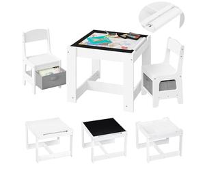 Lestarain Juego de Mesa y 2 Sillas para Niños de Madera, Muebles con Espacio de Almacenamiento, Blanco Escritorio Reversible con Pizarra y Rodillo de Papel
