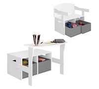 Lestarain Mesa Infantil 2 en 1, Mesa y Silla para Niños 3-6 Años, Taburete Reversible, Muebles Infantiles con Espacio de Almacenamiento y Pizarra,Madera, Blanco + Gris