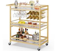 Leteuke Carrito de bar para el hogar, carros rodantes dorados de 3 niveles con ruedas, carrito de bebidas, soporte para licor con estantes de madera mármol, estante para vino y soporte para copas para