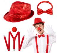 Letienti Juego de accesorios para disfraz de payaso rojo para hombre y mujer, 2 variantes con sombrero/peluca, pajarita y tirantes, falda de tutú para carnaval, Halloween y fiesta de circo (variante 1