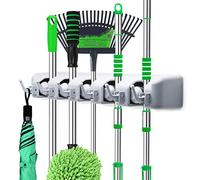 LETMY Soporte para escoba montado en la pared, soporte para fregona y escoba, estante de almacenamiento de garaje y organizador de herramientas de jardín, 5 posiciones, 6 ganchos para el hogar,