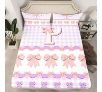 Letra Bowknot Fitted Sheet S Size Lindo Lazo Rosa Purple Checkered Colchón Protector con 1 Funda de Almohada Personalizada Inicio P Letra Deep Pocket Kids Edredón (sin hoja superior)