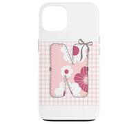 Letra Inicial 'N' Patchwork Rosa Costura Floral Costura Carcasa para iPhone 13