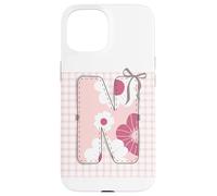 Letra Inicial 'N' Patchwork Rosa Costura Floral Costura Carcasa para iPhone 15