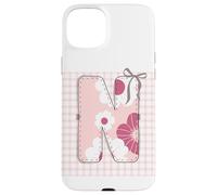 Letra Inicial 'N' Patchwork Rosa Costura Floral Costura Carcasa para iPhone 15 Plus