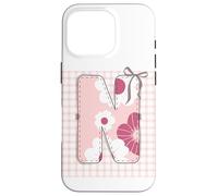 Letra Inicial 'N' Patchwork Rosa Costura Floral Costura Carcasa para iPhone 16 Pro