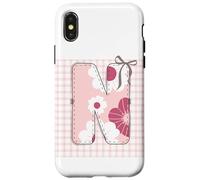 Letra Inicial 'N' Patchwork Rosa Costura Floral Costura Carcasa para iPhone X/XS