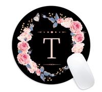 Letra t flores negras y rosas Almohadilla de mouse redonda de mouse divertido con la almohadilla de mouse pequea con la base de goma que no es desli