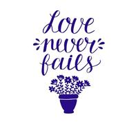 Letras a mano con versículo bíblico: el amor nunca falla. Calcomanías de pared de papel adhesivo 36x51.9cm No se cae Azul oscuro