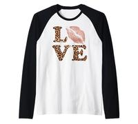 Letras Big Lips Love con estampado de leopardo, labios rosas, amor de San Valentín Camiseta Manga Raglan
