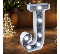Letras con luces LED para marquesina, letras plateadas con purpurina, luz nocturna alimentada por pilas, para fiesta de cumpleaños, boda, decoración del hogar, baby shower, J