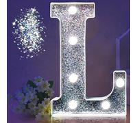 Letras con luces LED para marquesina, letras plateadas con purpurina, luz nocturna alimentada por pilas, para fiesta de cumpleaños, boda, decoración del hogar, baby shower, talla L