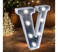 Letras con luces LED para marquesina, letras plateadas con purpurina, luz nocturna alimentada por pilas, para fiesta de cumpleaños, boda, decoración del hogar, baby shower, V