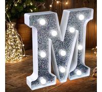 Letras con luces LED para marquesina, letras plateadas con purpurina, luz nocturna alimentada por pilas, para fiesta de cumpleaños, boda, decoración del hogar, baby shower, M