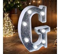 Letras LED de carpa con luces, letrero de letras plateadas brillantes alimentado por baterías, luz nocturna para decoración de cumpleaños, boda, hogar, baby shower - G