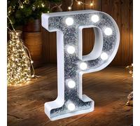 Letras LED de marquesina, letras plateadas con purpurina, luz nocturna alimentada por pilas, para fiesta de cumpleaños, boda, decoración del hogar, baby shower, P