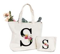Letras Personalizadas Bolsa de lona, Bolso Tote de Mujer con Inicial y Flores Bolsa de Compras con Bolsillo Interior Alfabeto Bolso de Cosméticos Regalos para Damas Amigas Mamá Regalo Cumpleaños(S)