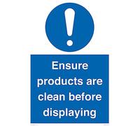 Letrero A2P con texto en inglés "Ensure Products Are Clean Before Displaying", 400 x 600 mm