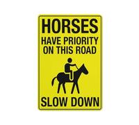 Letrero amarillo brillante con texto en inglés "Horses Have Priority On This Bright Yellow Sign", lámina reflectante de aluminio libre de óxido, resistente a la intemperie, impermeable, fácil de