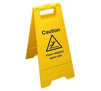 Letrero amarillo de doble cara con texto en inglés "Caution Floor Slippery When Wet