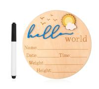 Letrero Anuncio de Bebé, 14,8 cm Letrero de Madera con Texto Hola Mundo para Recién Nacidos Placas con Nombre de Nacimiento para Baby Shower Accesorio Fotográfico para Guardería (Azul)