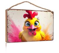 Letrero colgante colorido de dibujos animados de pollo con ojos grandes, letrero de madera, accesorios de habitación para hombres, decoración del hogar (15 x 28 cm)
