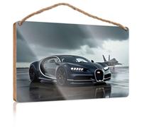 Letrero colgante de despensa con texto en inglés "A Sleek Black Bugatti Sports Car Parked Next To An Airplane On A Cloudy Day" (20 x 30 cm)