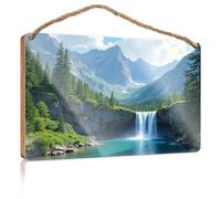 Letrero colgante de madera con texto en inglés "Nature's Majesty: A Mountainous Waterfall Landscape" (20 x 30 cm)