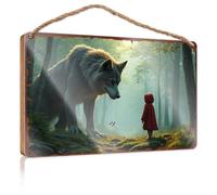 Letrero colgante de madera para baño, Caperucita Roja Confronts The Wolf In Enchanted Forest Wooded, letrero de madera para decoración de patio, balcón al aire libre (23 x 35 cm)