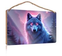 Letrero colgante de madera para baño, noche encantada: la mirada del lobo, letrero de madera para decoración de habitación (20 x 30 cm)