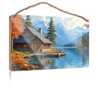 Letrero colgante de madera para exteriores, con texto en inglés "Cozy Cabin By The Lake In Autumn", 15 x 28 cm