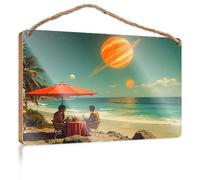 Letrero colgante de pared con texto en inglés "Two People Enjoying A Meal On A Beach with Planets in the Sky" Wooded Sign Man Cave Decor Outdoor Patio Decor (23 x 35 cm)