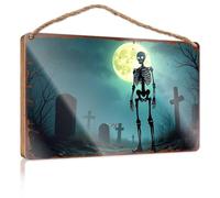 Letrero colgante para porche con texto en inglés "A Spooky Night In The Cemetery With A Glowing Skeleton Wooded", divertido arte de pared para baño, decoración del hogar, granja (20 x 30 cm)