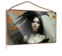 Letrero colgante para porche con texto en inglés Dark Raven'S Embrace: A Gothic Autumn Retrato Wooded Sign Funny Bathroom Wall Art Home Decor Farmhouse (20 x 30 cm)