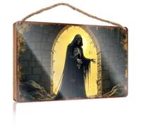 Letrero colgante para porche con texto en inglés "Silent Guardian: The Grim Reaper in Ancient Ruins" - Letrero de madera divertido para baño, decoración del hogar, granja (23 x 35 cm)