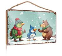 Letrero colgante para porche con texto en inglés "Winter Fun: Frog, Bird And Bear Play In The Snowed", divertido letrero para pared de baño, decoración del hogar, granja (15 x 28 cm)